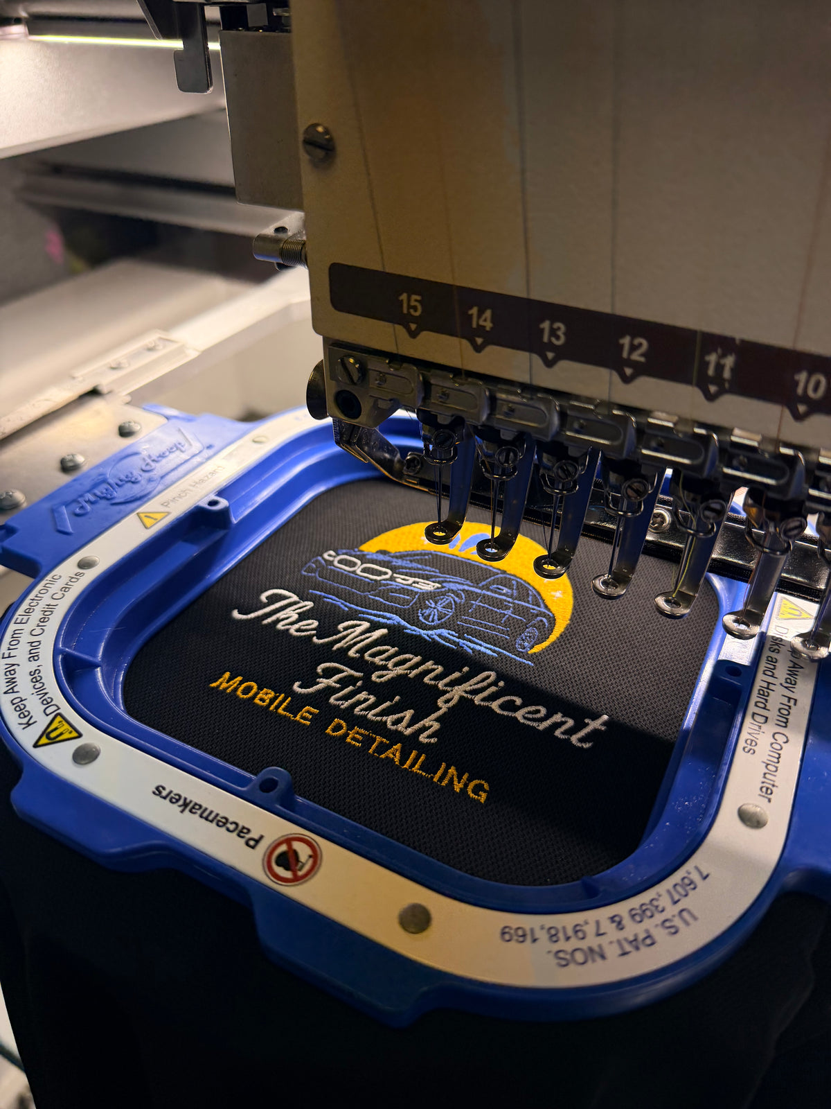 Professional custom embroidery in production at Big Boys Embroidery